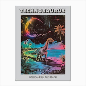 Neon Linework & Black Dinosaur On The Beach Poster Canvas Print