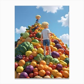 Two Boys Standing On A Mountain Of Fruits And Vegetables Canvas Print