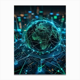 A Complex Network Of Intertwining Glowing Fibers Representing Global Telecom Connections And Financi (1) Canvas Print