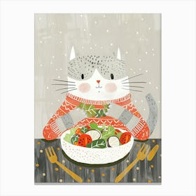 Grey Cat Eating Salad Folk Illustration 1 Canvas Print