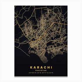 Karachi Pakistan Black And Gold Map Canvas Print