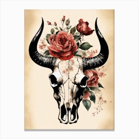 Vintage Boho Bull Skull Flowers Painting (21) Canvas Print