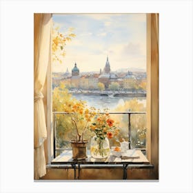 Window View Of Stockholm Sweden In Autumn Fall, Watercolour 3 Canvas Print
