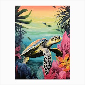 Vivid Turtle In Ocean With Coral & Plants 1 Canvas Print