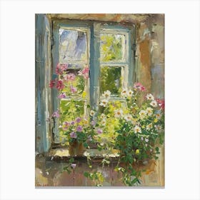 Geranium Flowers On A Cottage Window 1 Canvas Print