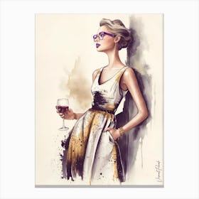 Elegant Lady With Purple Glasses Holding A Glass Of Wine Canvas Print