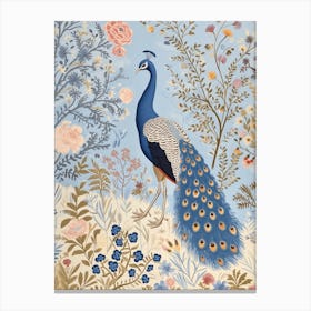 Floral Sky Blue Peacock In The Grass Canvas Print