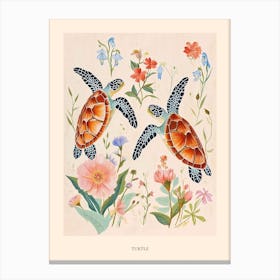 Folksy Floral Animal Drawing Turtle 1 Poster Canvas Print