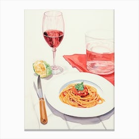 Watercolor Of Spaghetti And Wine Canvas Print
