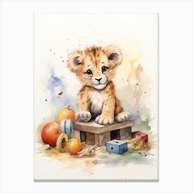Playing With Wooden Toys Watercolour Lion Art Painting 4 Canvas Print