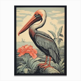 Vintage Bird Linocut Pelican 2 Canvas Print