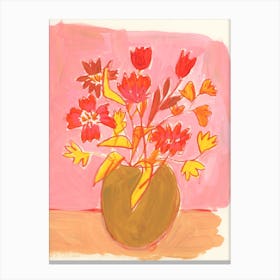 Vase Of Flowers Against A Pink Background Canvas Print