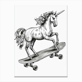 Unicorn On A Skateboard Black And White Doodle 3 Canvas Print