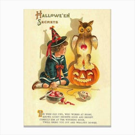 Halloween Secrets, Little Witch With Owl And A Poem Canvas Print