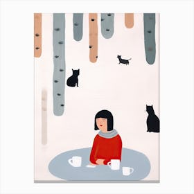 Tiny People At The Cat Cafe Illustration 6 Canvas Print