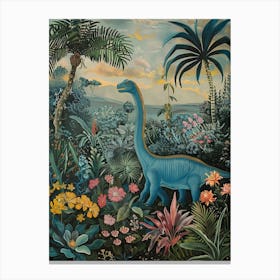 Dinosaur With Tropical Leaves Painting 2 Canvas Print