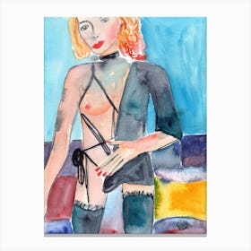 Vulgar - Anton Maliar woman female nude erotic lingerie watercolor teal yellow figurative bedroom Canvas Print