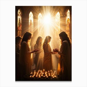 Candlelight Vigil During Spiritual Celebration Rays Of Soft Golden Light Breaking Through Stained G (2) Canvas Print