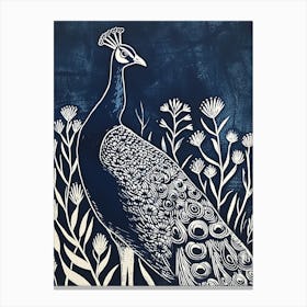 Navy & Cream Linocut Inspired Peacock In The Plants 2 Canvas Print