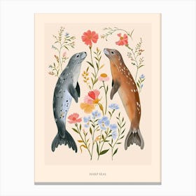 Folksy Floral Animal Drawing Harp Seal 2 Poster Canvas Print