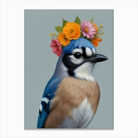 Blue Jay With A Flower Crown European Robin Canvas Print