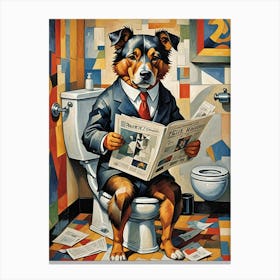 Dog Sitting on Toilet Reading Newspaper Canvas Print