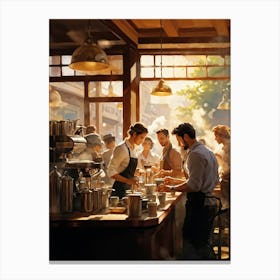 A Busy Cafe Scene Captured In Impressionist Style Barista Bustling Amidst The Morning Rush Meticul (1) Canvas Print