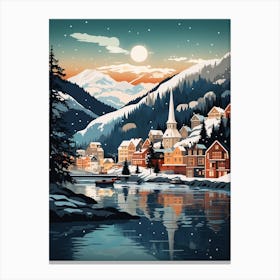 Winter Travel Night Illustration Bergen Norway 2 Canvas Print