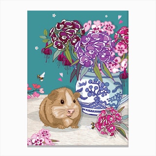 Guinea Pig And Sweet Williams In A Blue Willow Jug Canvas Print