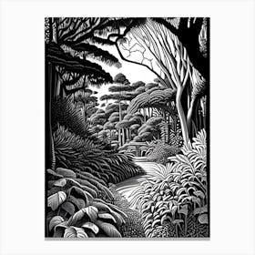 Keirunga Gardens, New Zealand Linocut Black And White Vintage Canvas Print