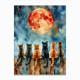 Six Cats Sitting On A Wooden Fence Canvas Print