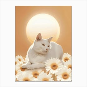 White Cat With Daisies Canvas Print