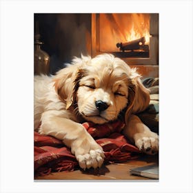 Sleeping Puppy By The Fireplace Canvas Print