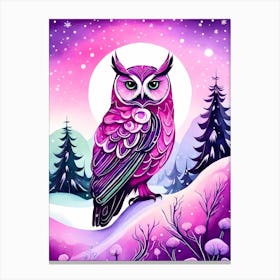 Pink Owl Snowy Landscape Painting (60) Canvas Print
