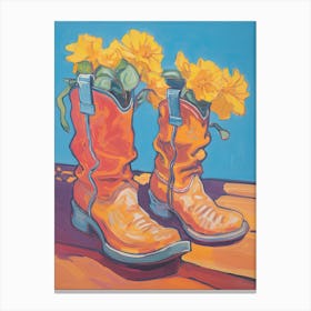 A Painting Of Cowboy Boots With Daffodils Flowers, Fauvist Style, Still Life 3 Canvas Print