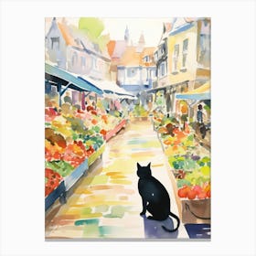 Food Market With Cats In Cambridge 1 Watercolour Canvas Print