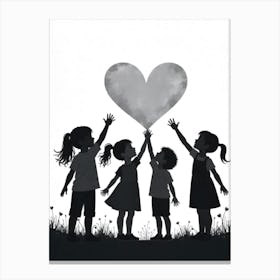 Silhouette Of Children Holding A Heart Canvas Print