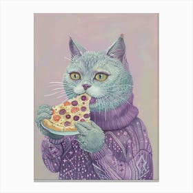 Grey Cat Eating A Pizza Slice Folk Illustration 1 Canvas Print