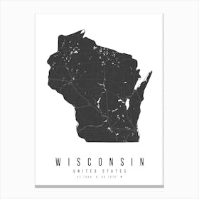 Wisconsin Mono Black And White Modern Minimal Street Map Canvas Print