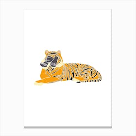 Tiger With Binoculars Hunting Prey, Fun Safari Animal Print, Portrait Canvas Print
