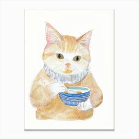 White And Tan Cat Having Breakfast Folk Illustration 2 Canvas Print