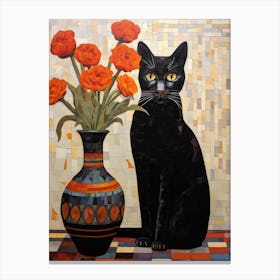 Black Cat With Orange Flowers 1 Canvas Print
