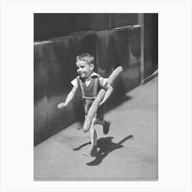 Boy Running With A Baguette, Vintage Black and White Old Photo 1 Canvas Print