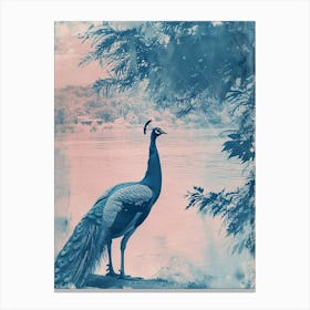 Peacock By The Water Cyanotype Inspired Canvas Print