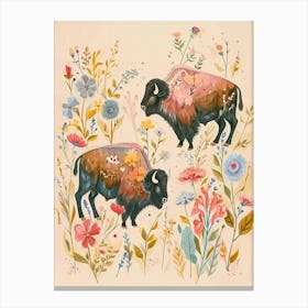 Folksy Floral Animal Drawing Bison 2 Canvas Print