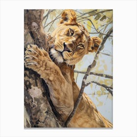 African Lion Climbing A Tree Acrylic Painting 2 Canvas Print