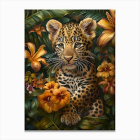 A Happy Front faced Leopard Cub In Tropical Flowers 7 Canvas Print