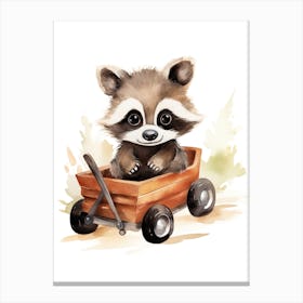 Baby Raccoon On A Toy Car, Watercolour Nursery 3 Canvas Print