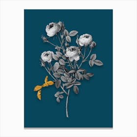 Vintage Burgundian Rose Black and White Gold Leaf Floral Art on Teal Blue n.0245 Canvas Print