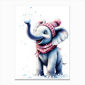 Elephant Throwing Snowballs With A Knitted Beanie Canvas Print